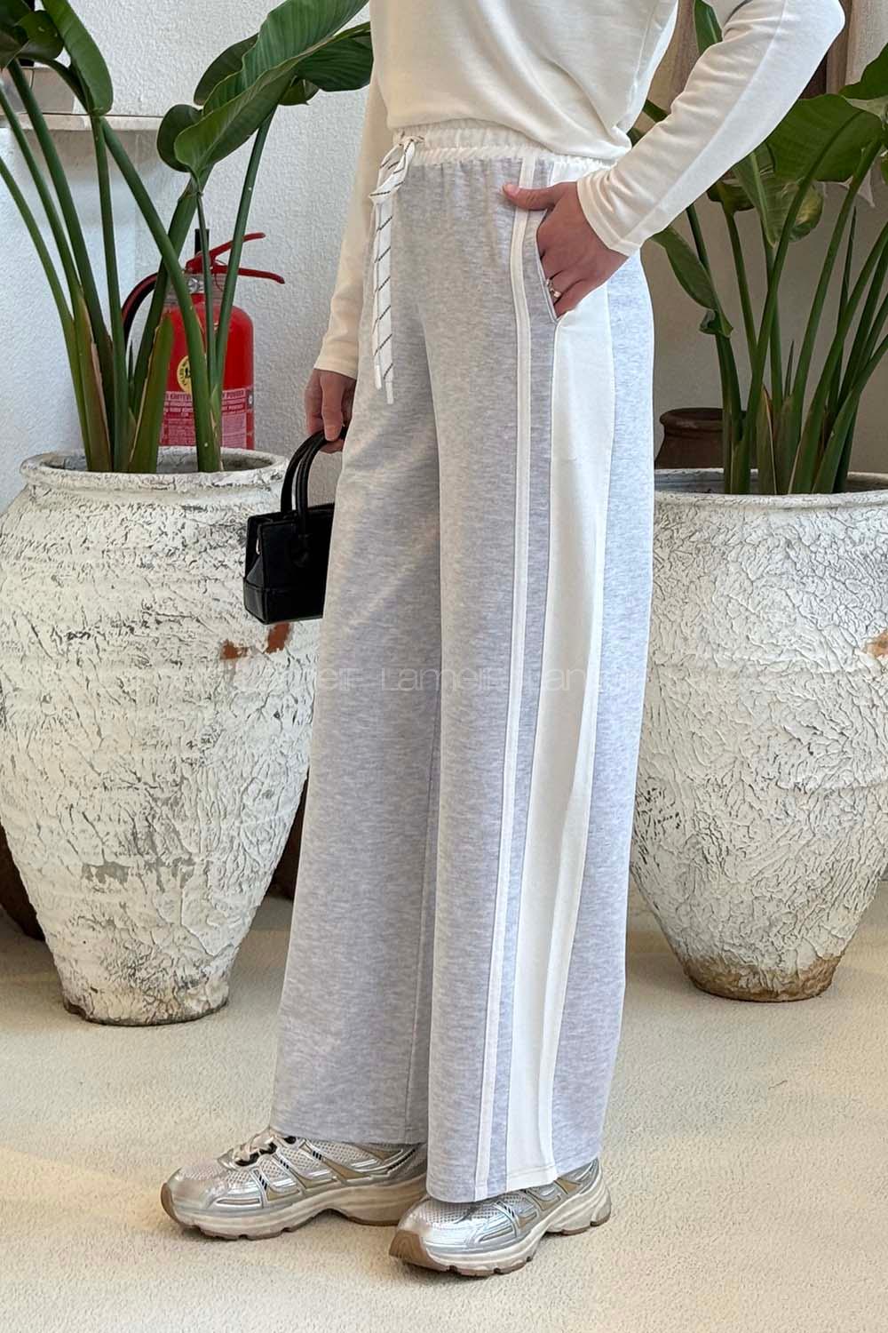 Lamelif Şeritli Geniş Paça Eşofman Gri