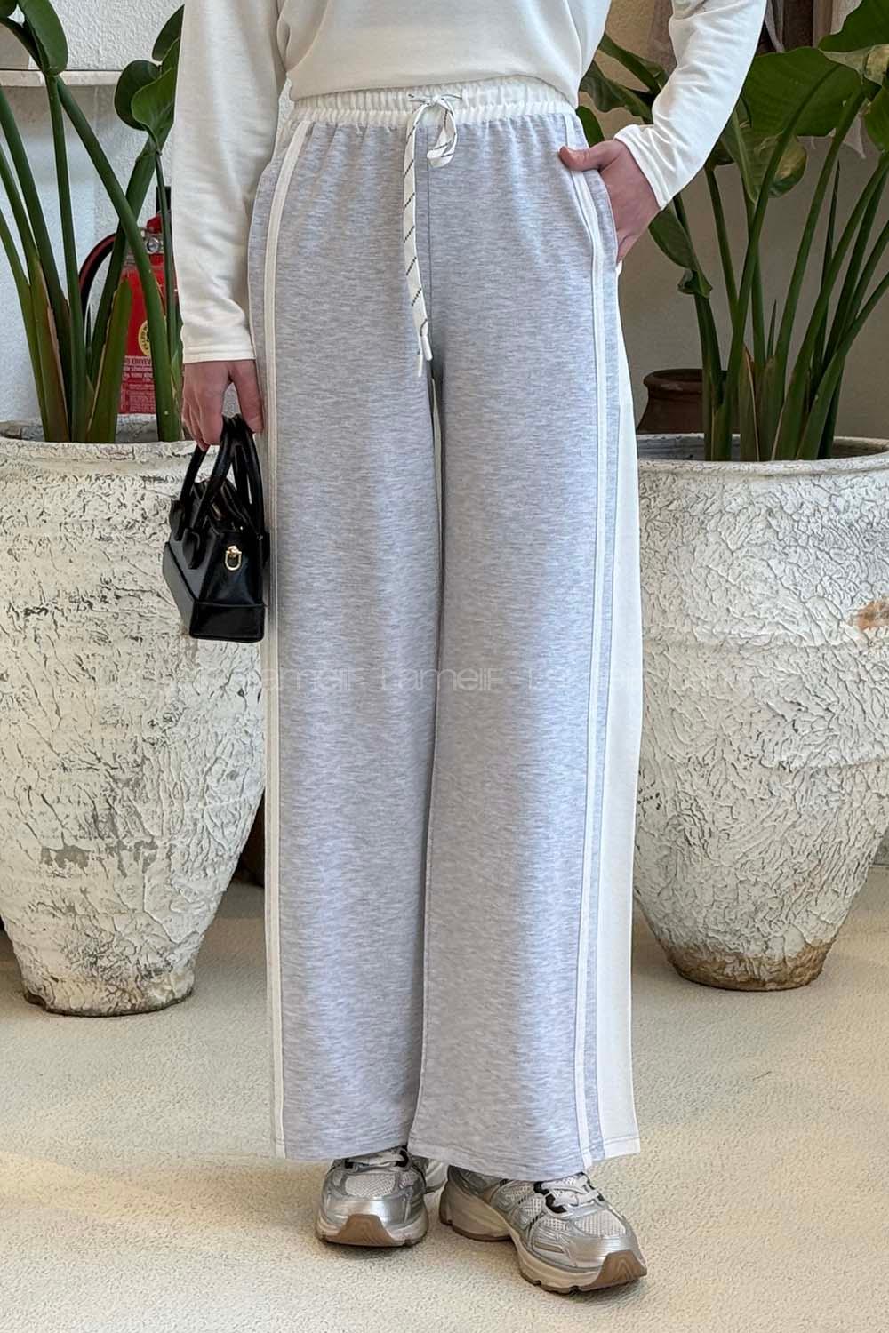 Lamelif Şeritli Geniş Paça Eşofman Gri