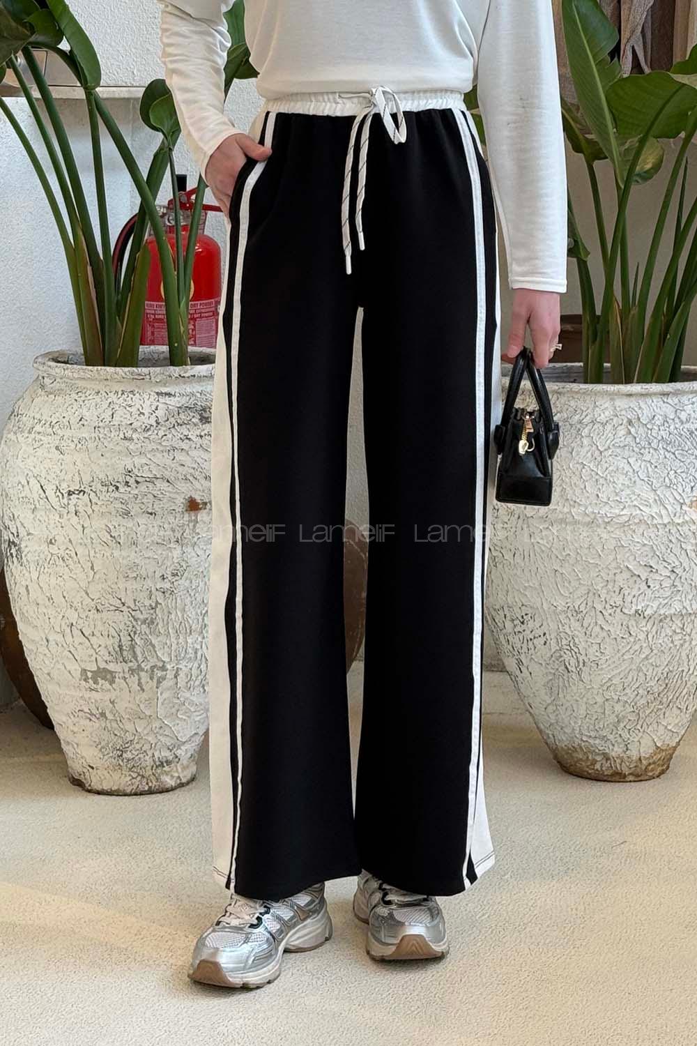 Lamelif Şeritli Geniş Paça Eşofman Siyah