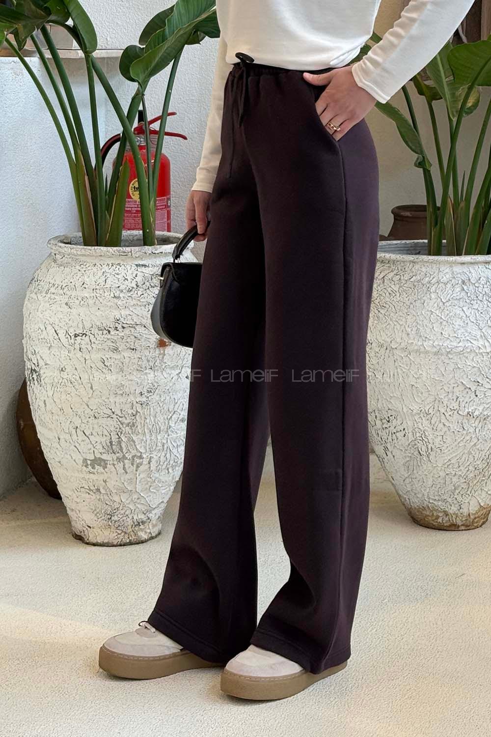 Lamelif Üç İplik Salaş Model Eşofman Altı Mürdüm