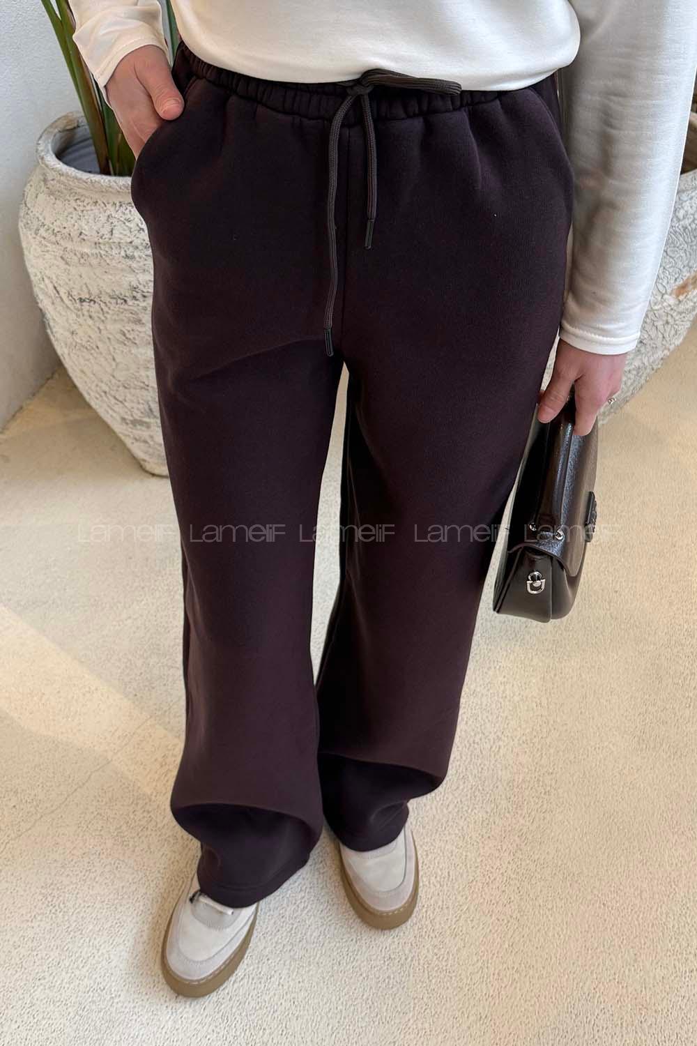 Lamelif Üç İplik Salaş Model Eşofman Altı Mürdüm