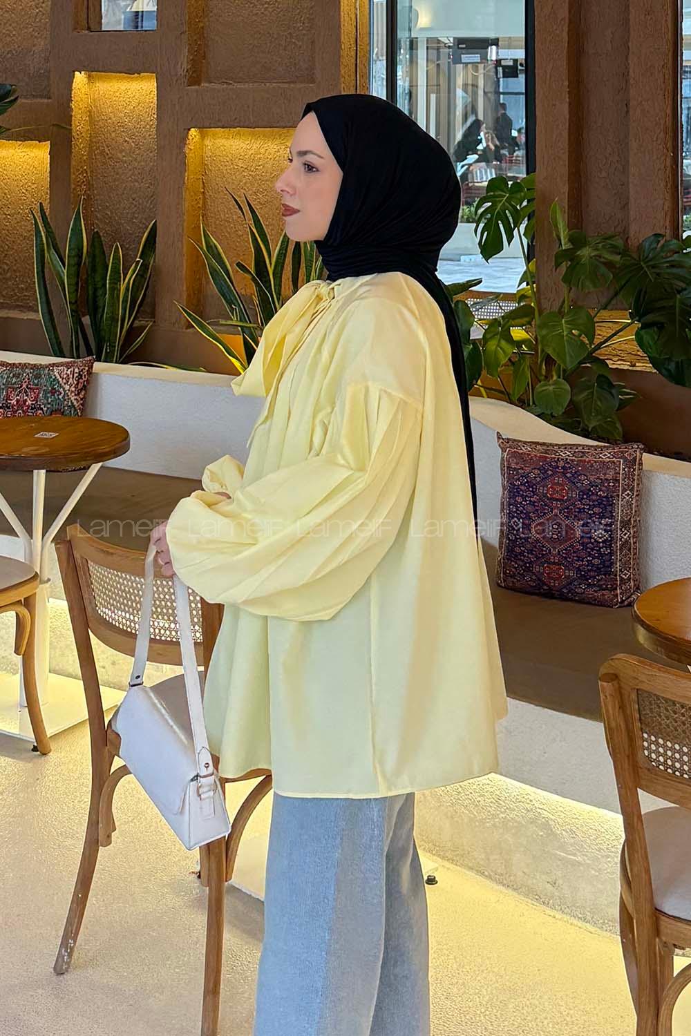 Lamelif Yaka Fular Detaylı Gömlek Sarı