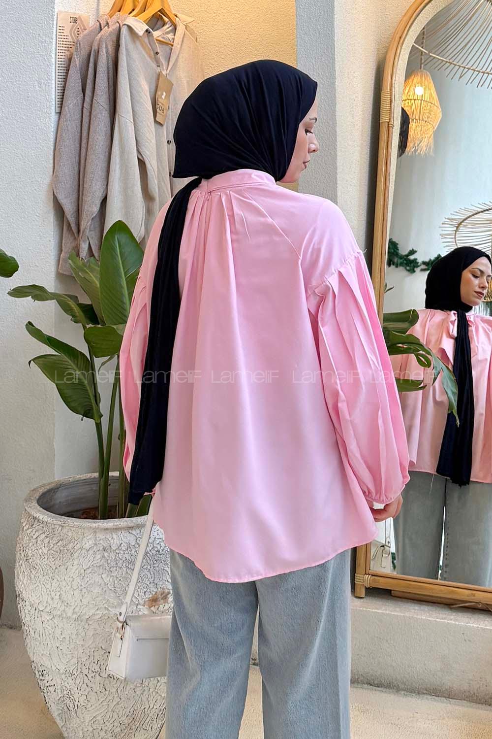 Lamelif Yaka Fular Detaylı Gömlek Şeker Pembesi