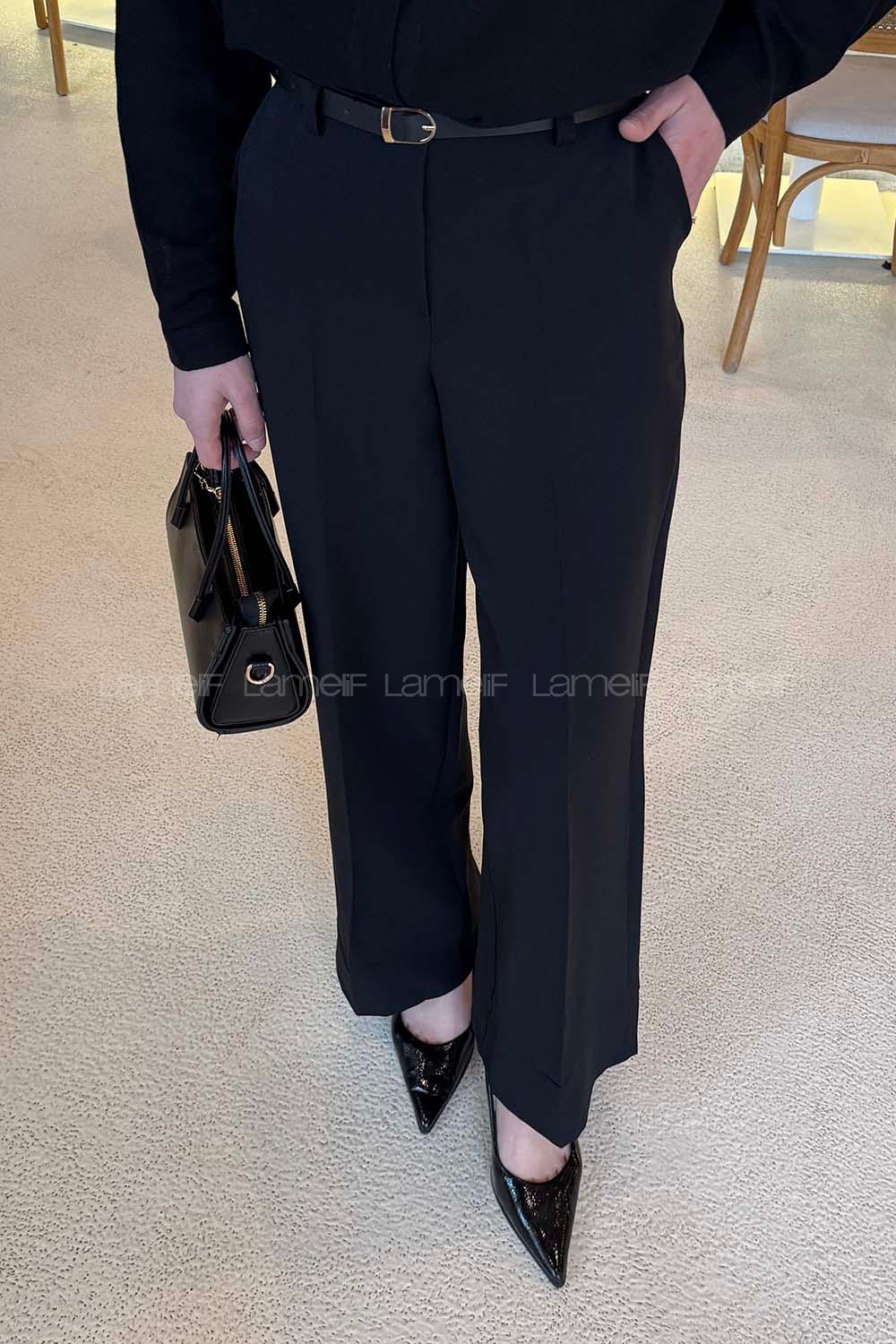 Lamelif Yüksek Bel Kemerli Kumaş Pantolon Siyah