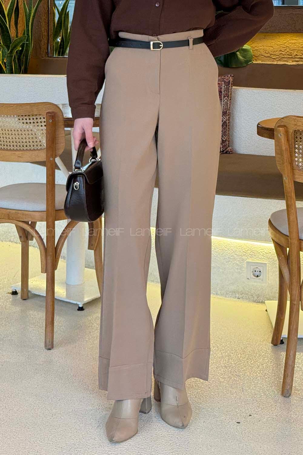 Lamelif Yüksek Bel Kemerli Kumaş Pantolon Vizonrengi