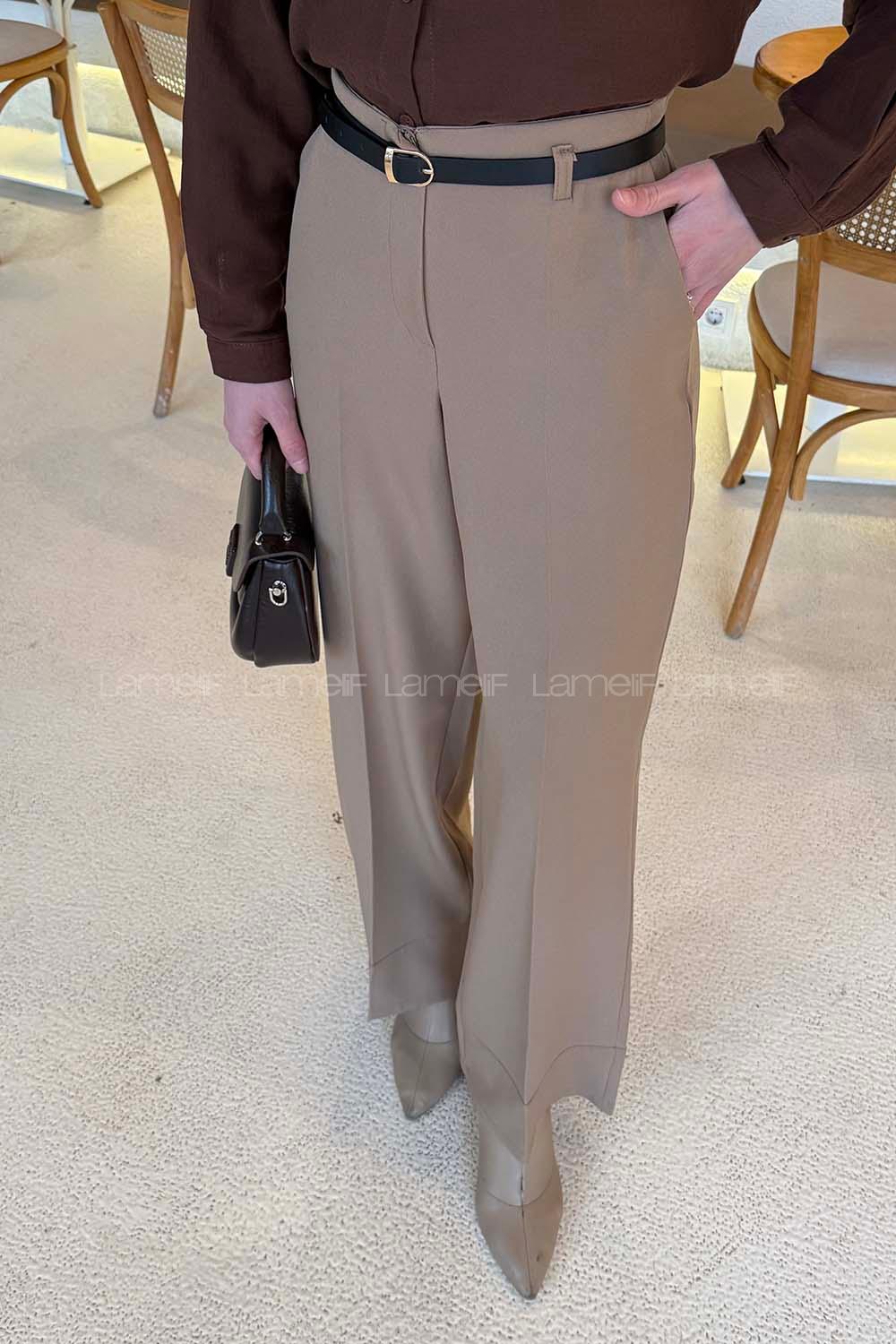 Lamelif Yüksek Bel Kemerli Kumaş Pantolon Vizonrengi