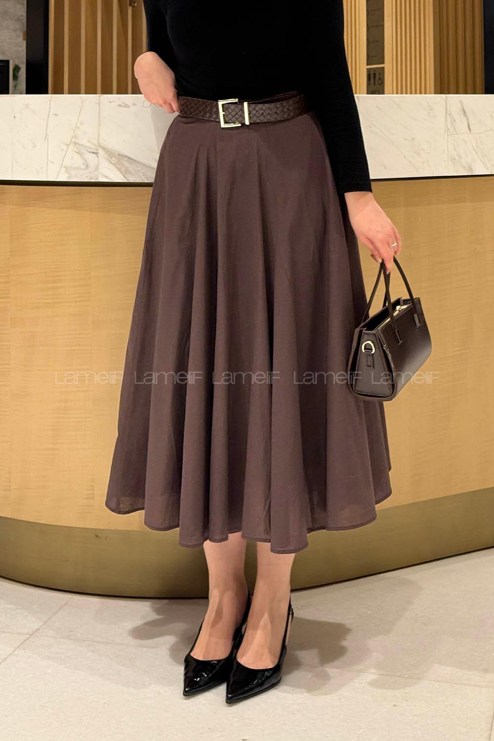 Lamelif Astarlı Kloş Etek Acı Kahve