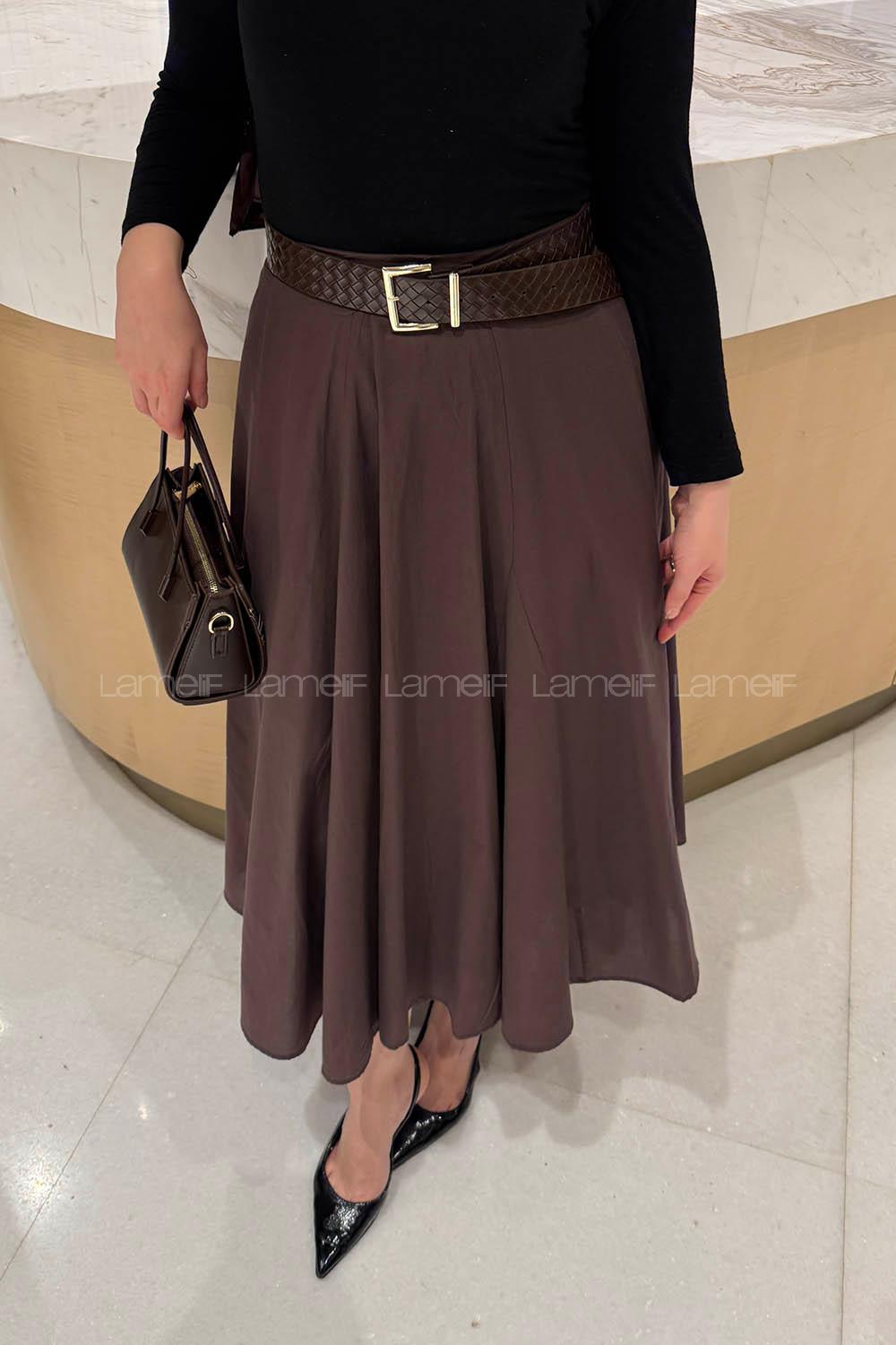 Lamelif Astarlı Kloş Etek Acı Kahve