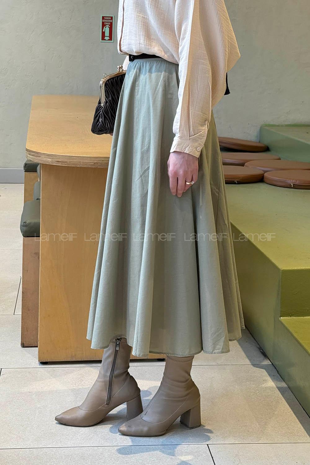 Lamelif Astarlı Kloş Etek Çağla Yeşili