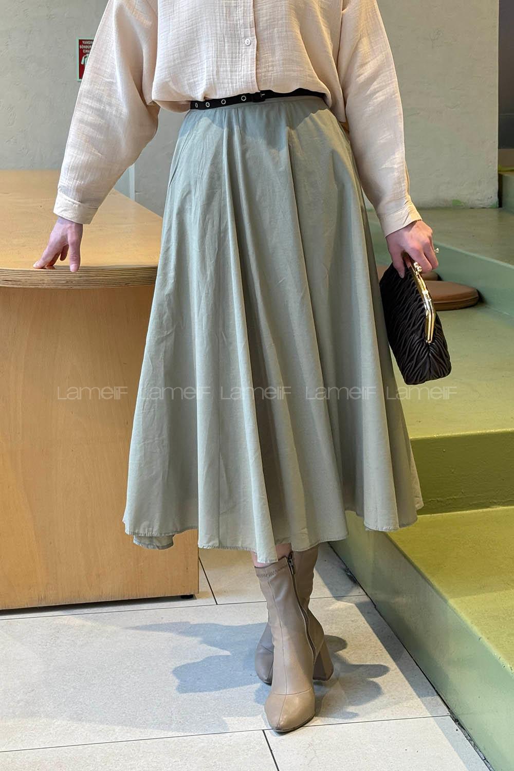 Lamelif Astarlı Kloş Etek Çağla Yeşili