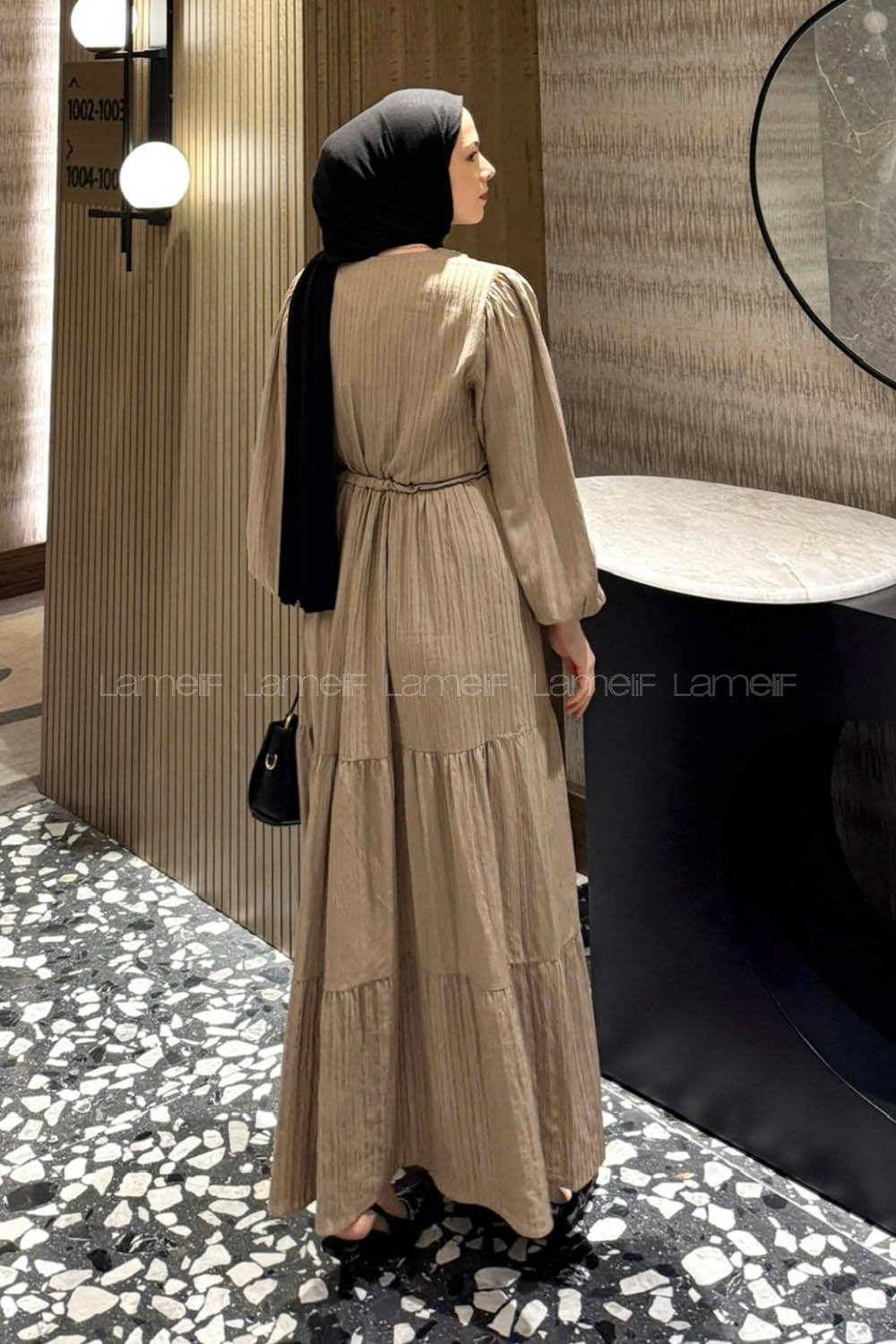 Lamelif Biritli Tesettür Elbise Bej