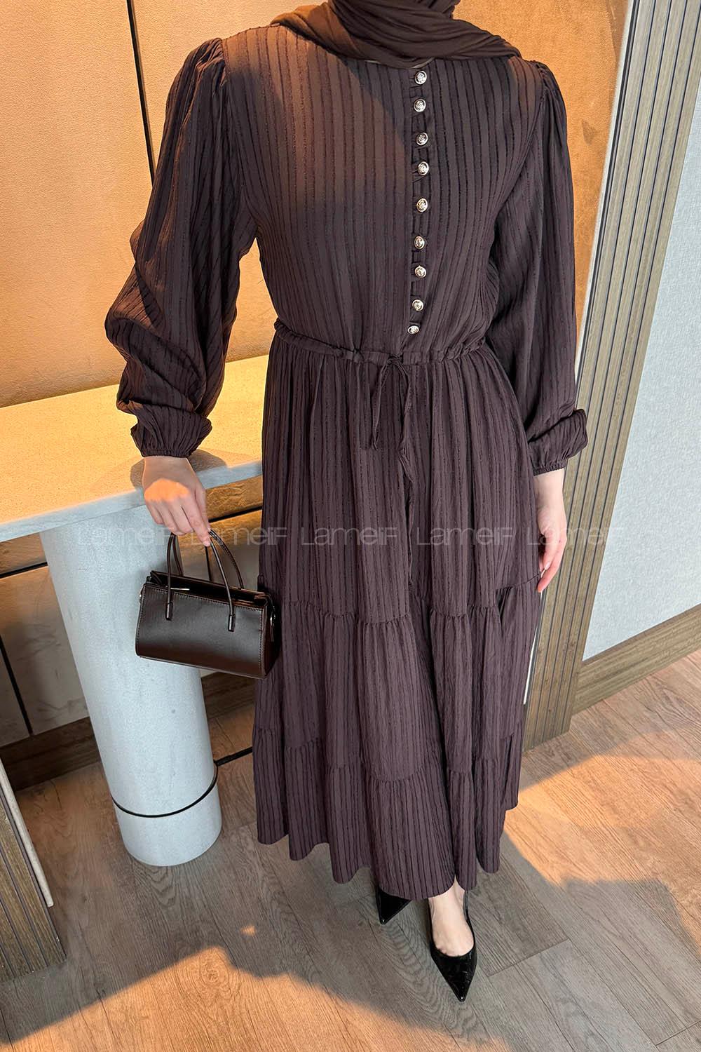 Lamelif Biritli Tesettür Elbise Koyu Kahverengi