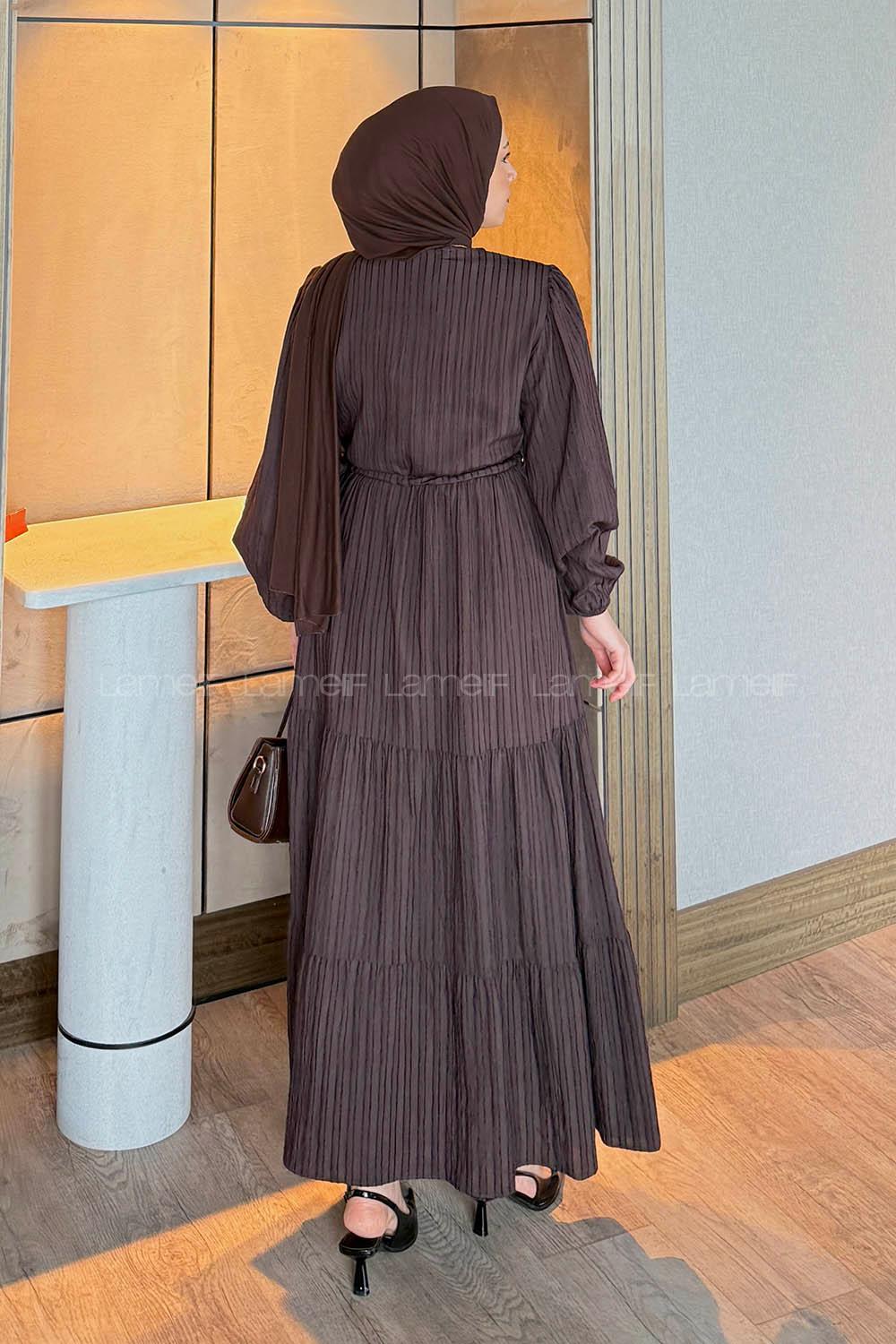 Lamelif Biritli Tesettür Elbise Koyu Kahverengi