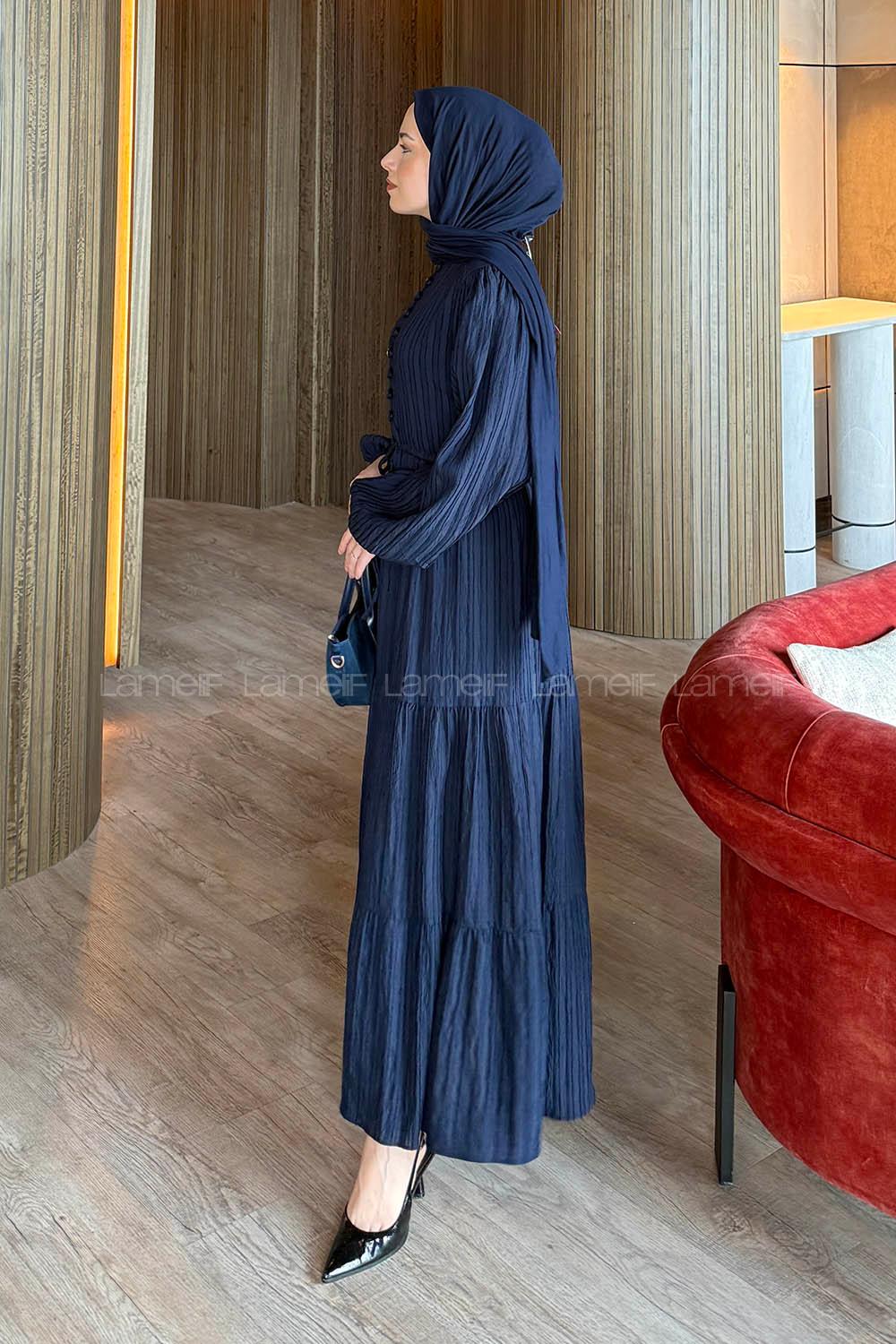 Lamelif Biritli Tesettür Elbise Lacivert