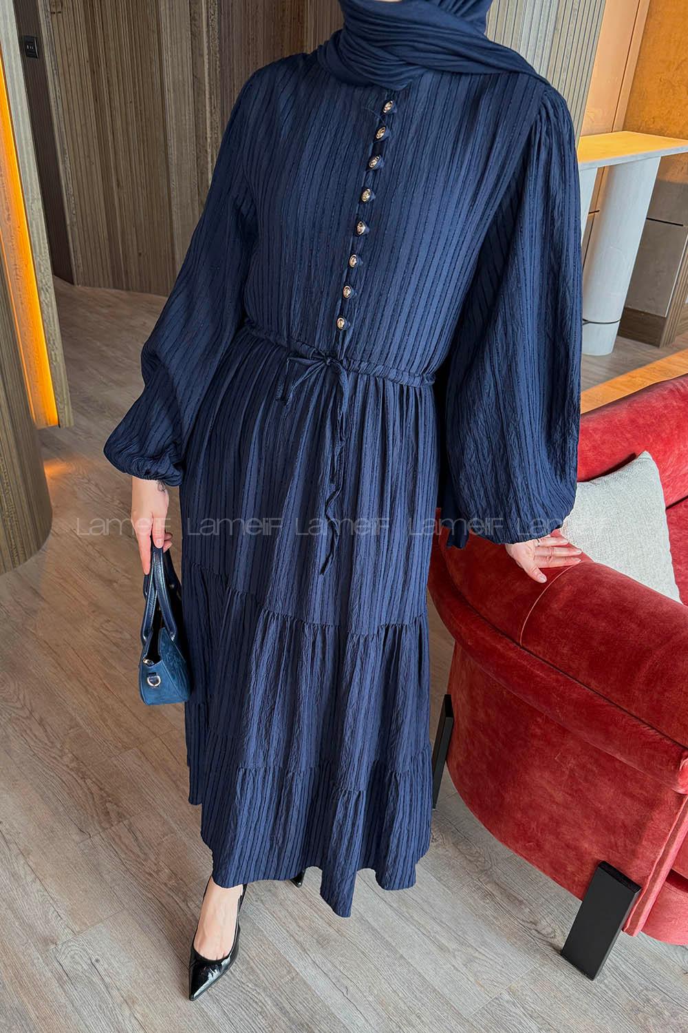 Lamelif Biritli Tesettür Elbise Lacivert