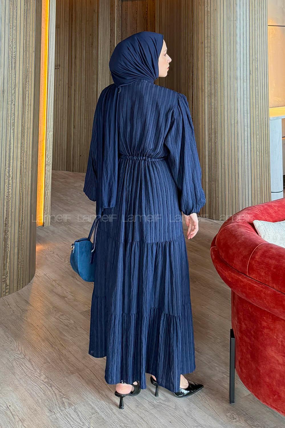 Lamelif Biritli Tesettür Elbise Lacivert