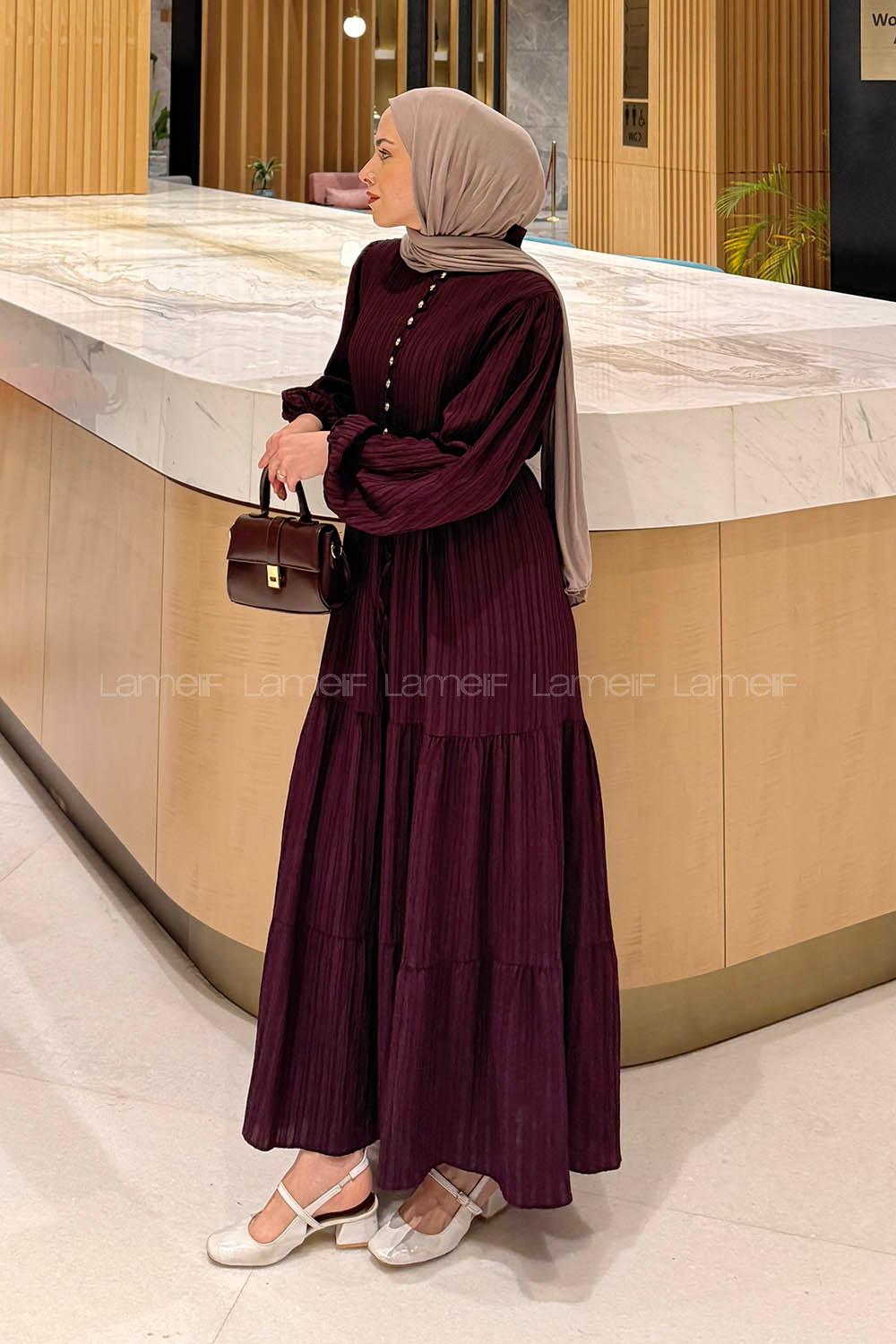 Lamelif Biritli Tesettür Elbise Mürdüm