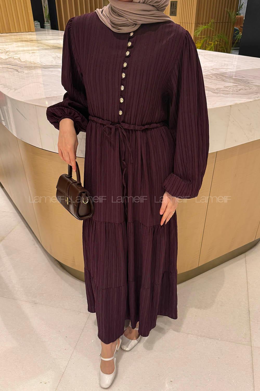 Lamelif Biritli Tesettür Elbise Mürdüm