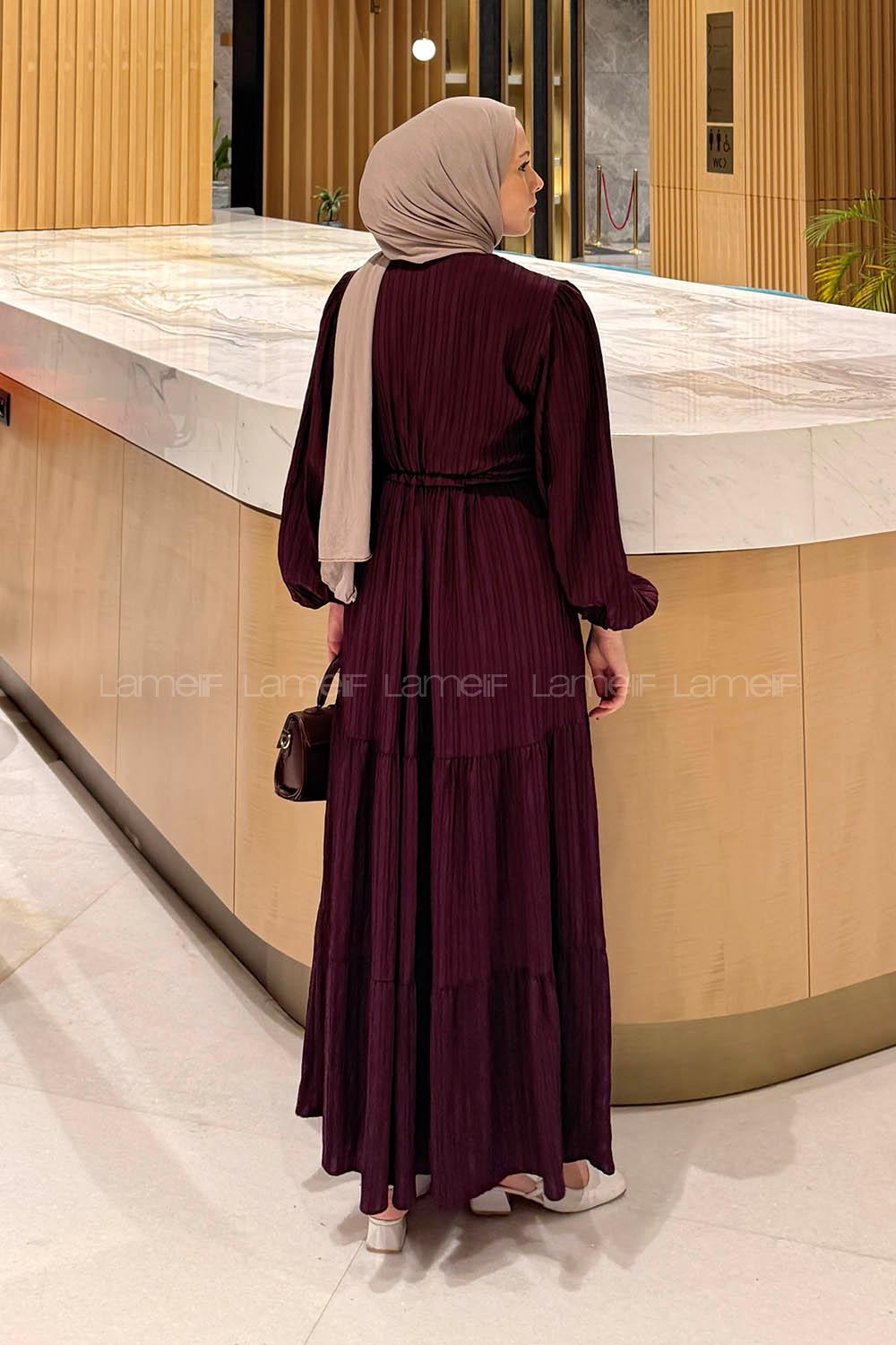 Lamelif Biritli Tesettür Elbise Mürdüm