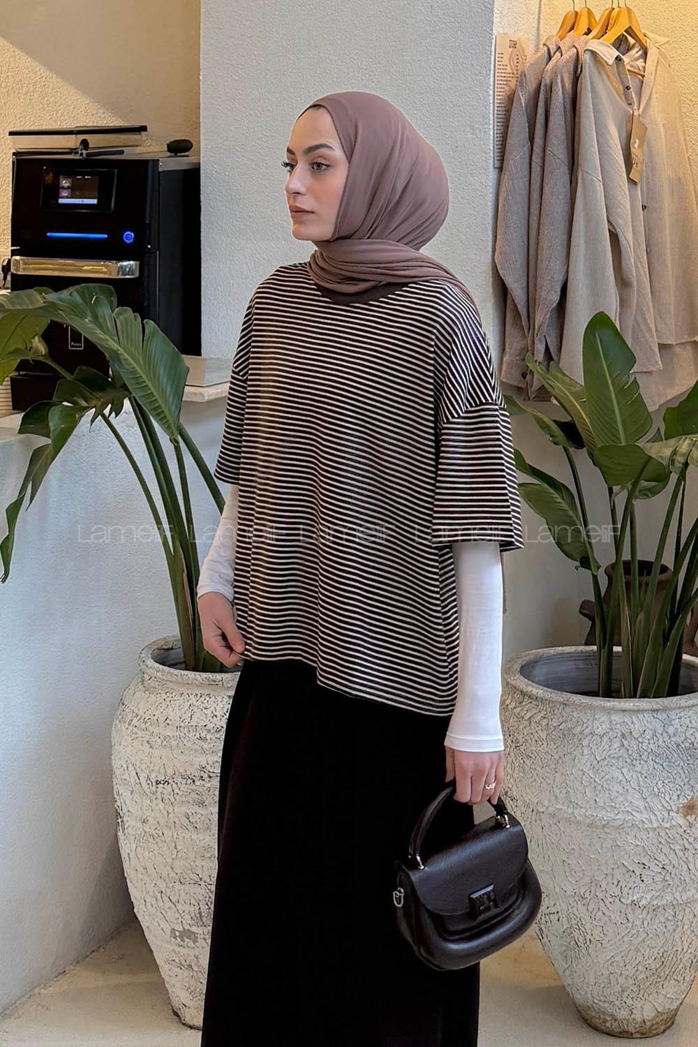 Lamelif Çizgili T-shirt Acı Kahve