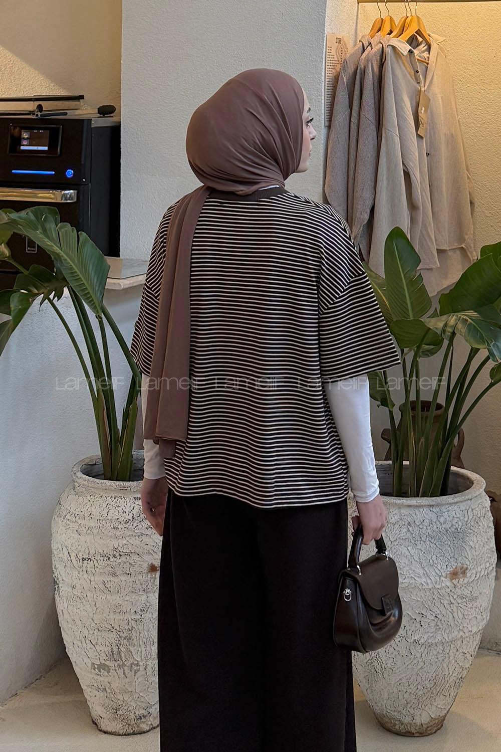 Lamelif Çizgili T-shirt Acı Kahve