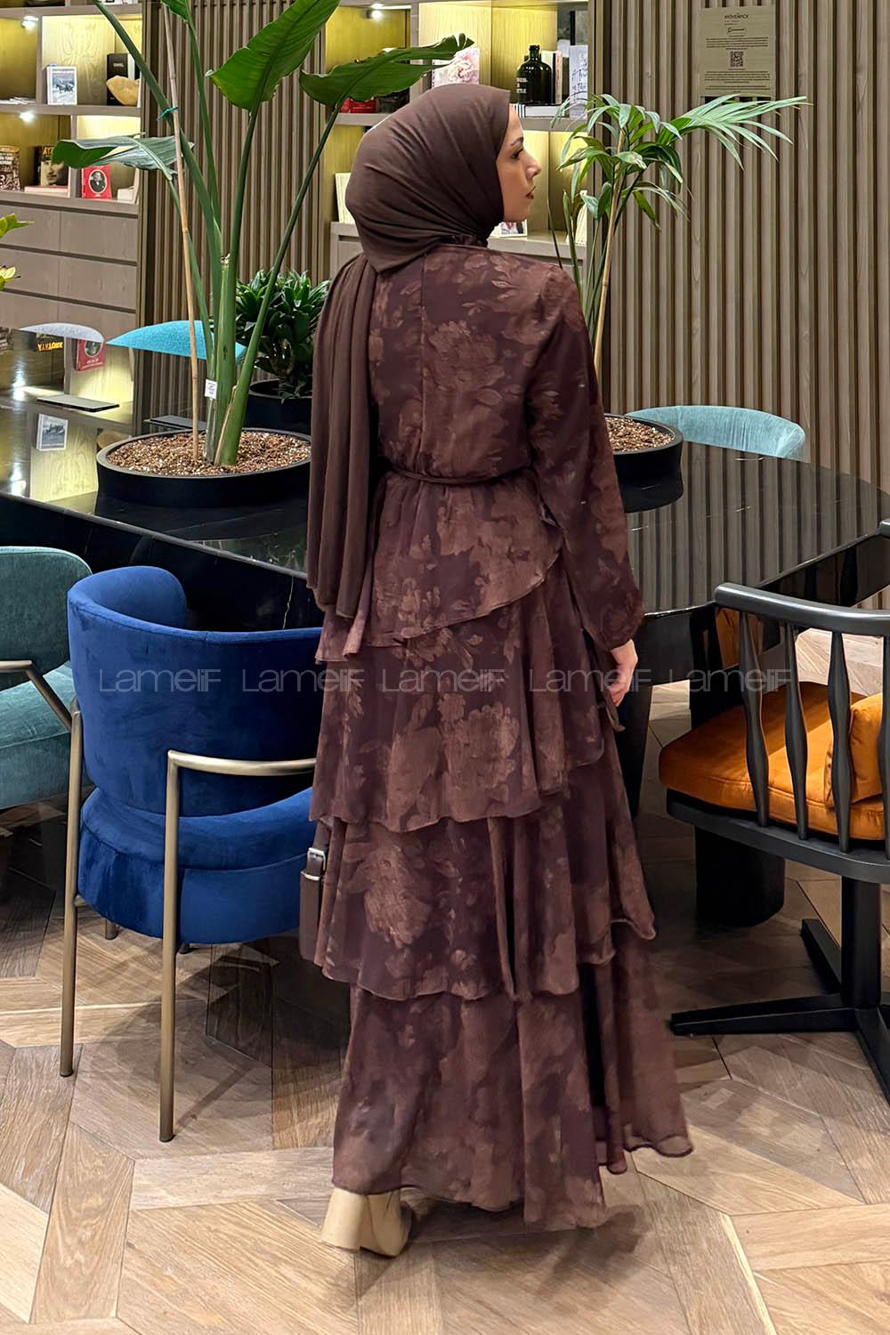 Lamelif Desenli Volanlı Tesettür Elbise Acı Kahve