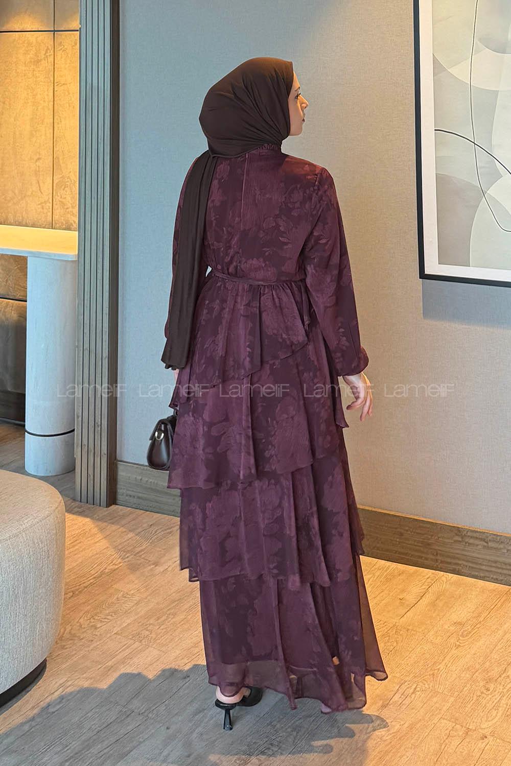 Lamelif Desenli Volanlı Tesettür Elbise Mürdüm