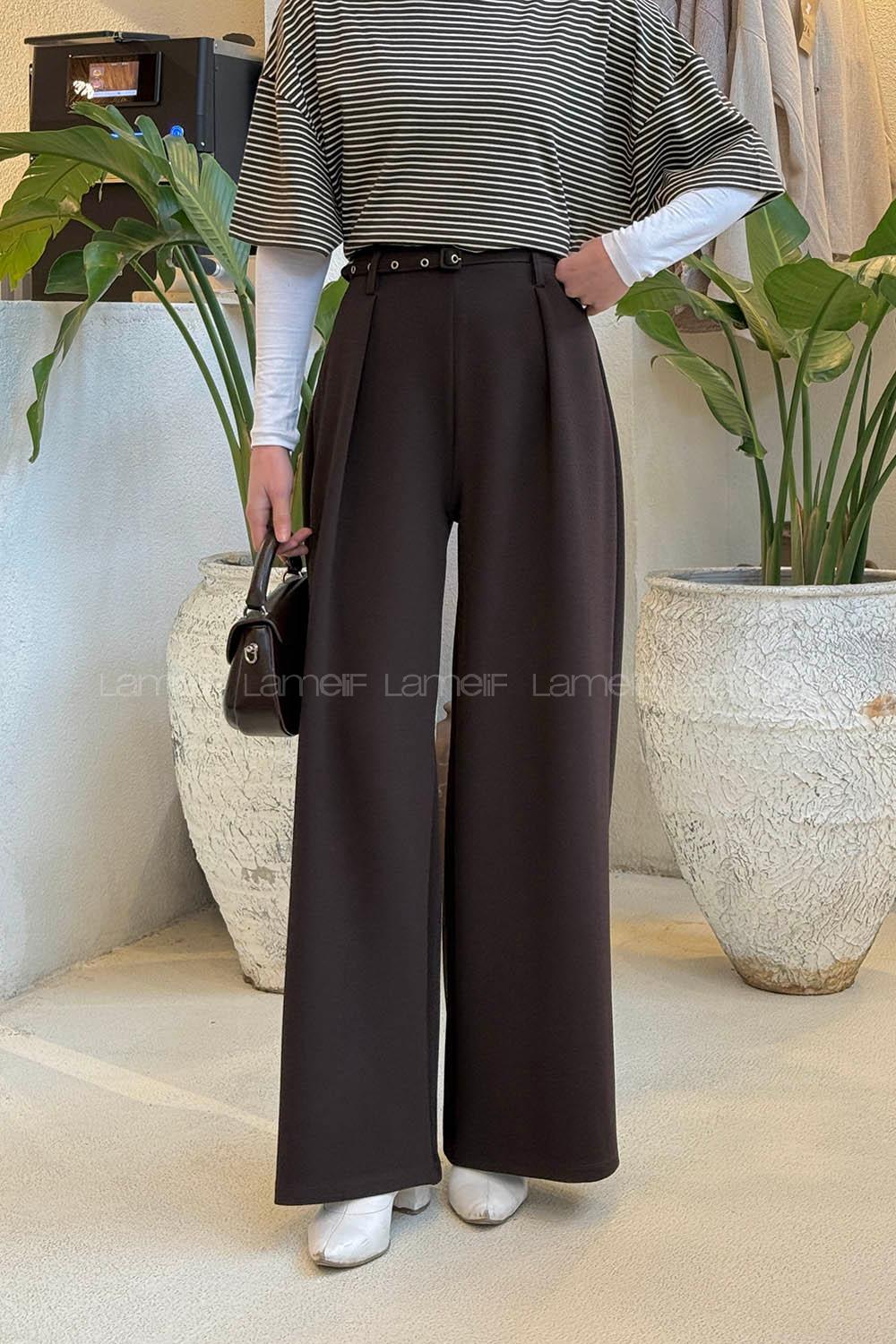 Lamelif Dökümlü Palazzo Pantolon Acı Kahve