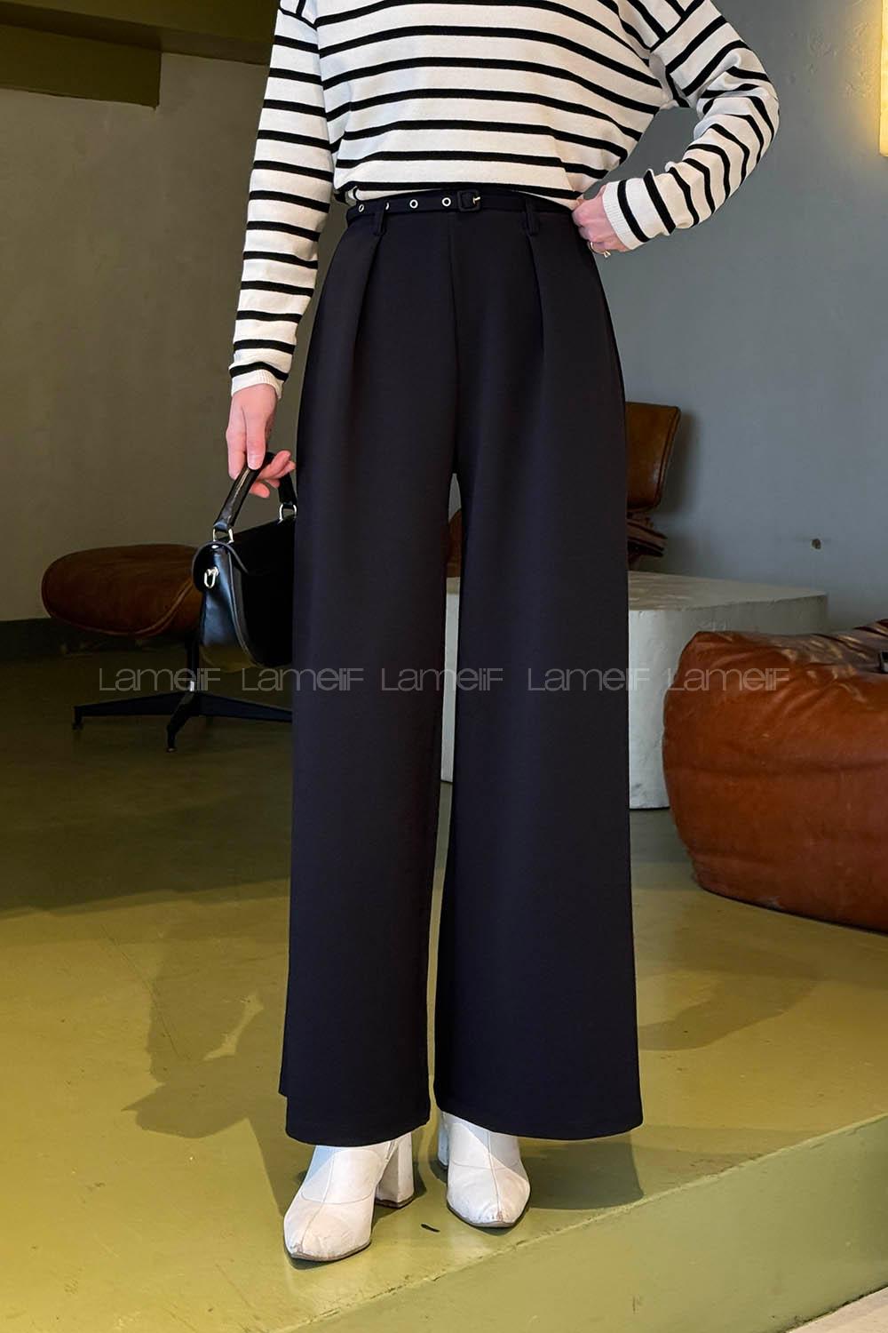 Lamelif Dökümlü Palazzo Pantolon Siyah