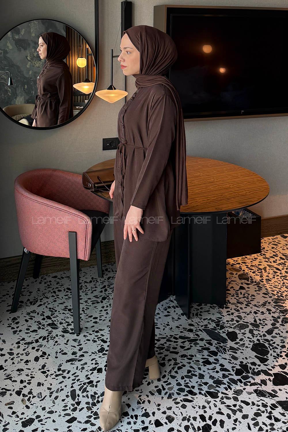 Lamelif Düğme Detaylı Bohem İkili Takım Acı Kahve