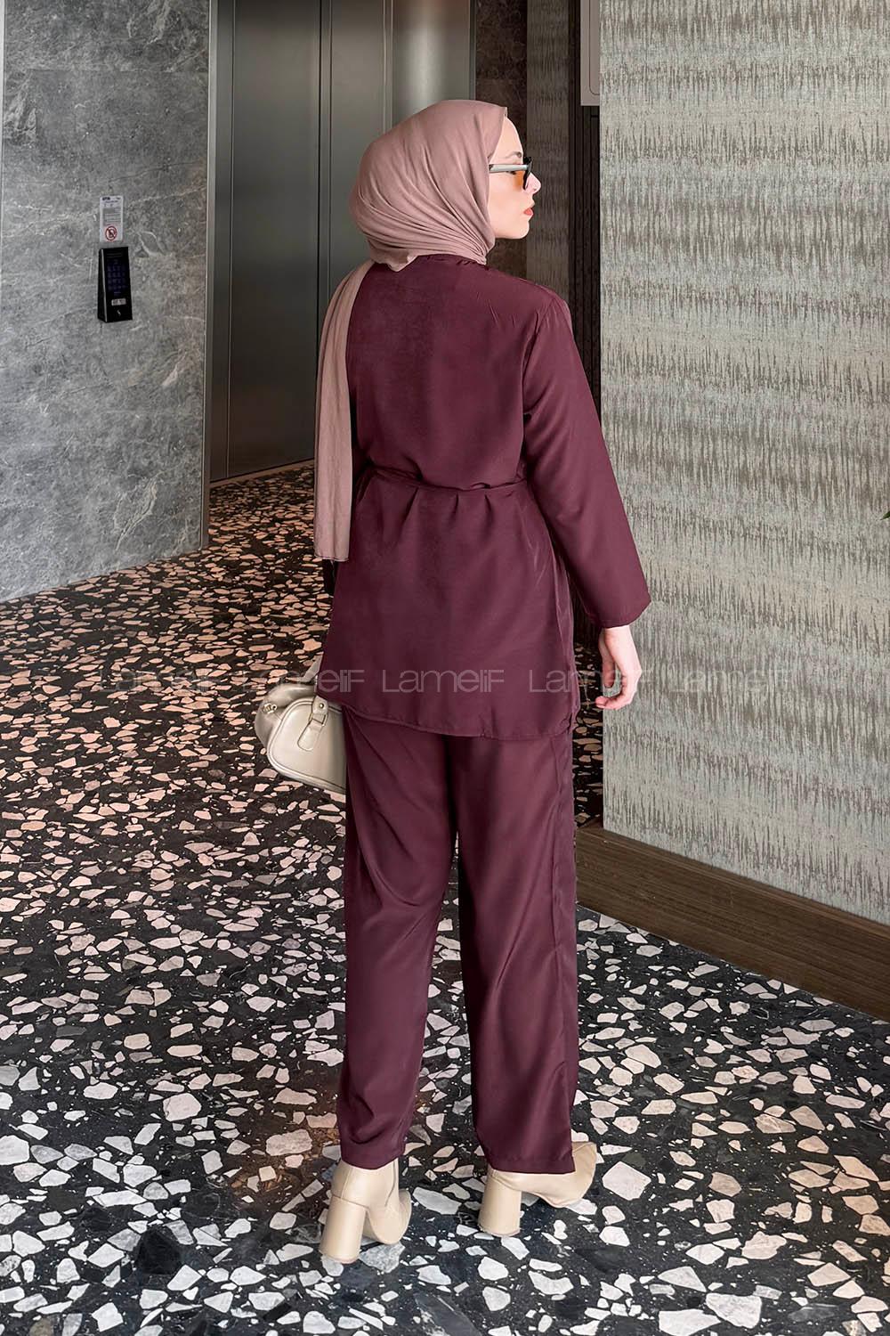 Lamelif Düğme Detaylı Bohem İkili Takım Bordo