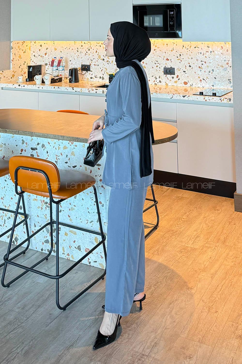 Lamelif Düğme Detaylı Bohem İkili Takım Gri