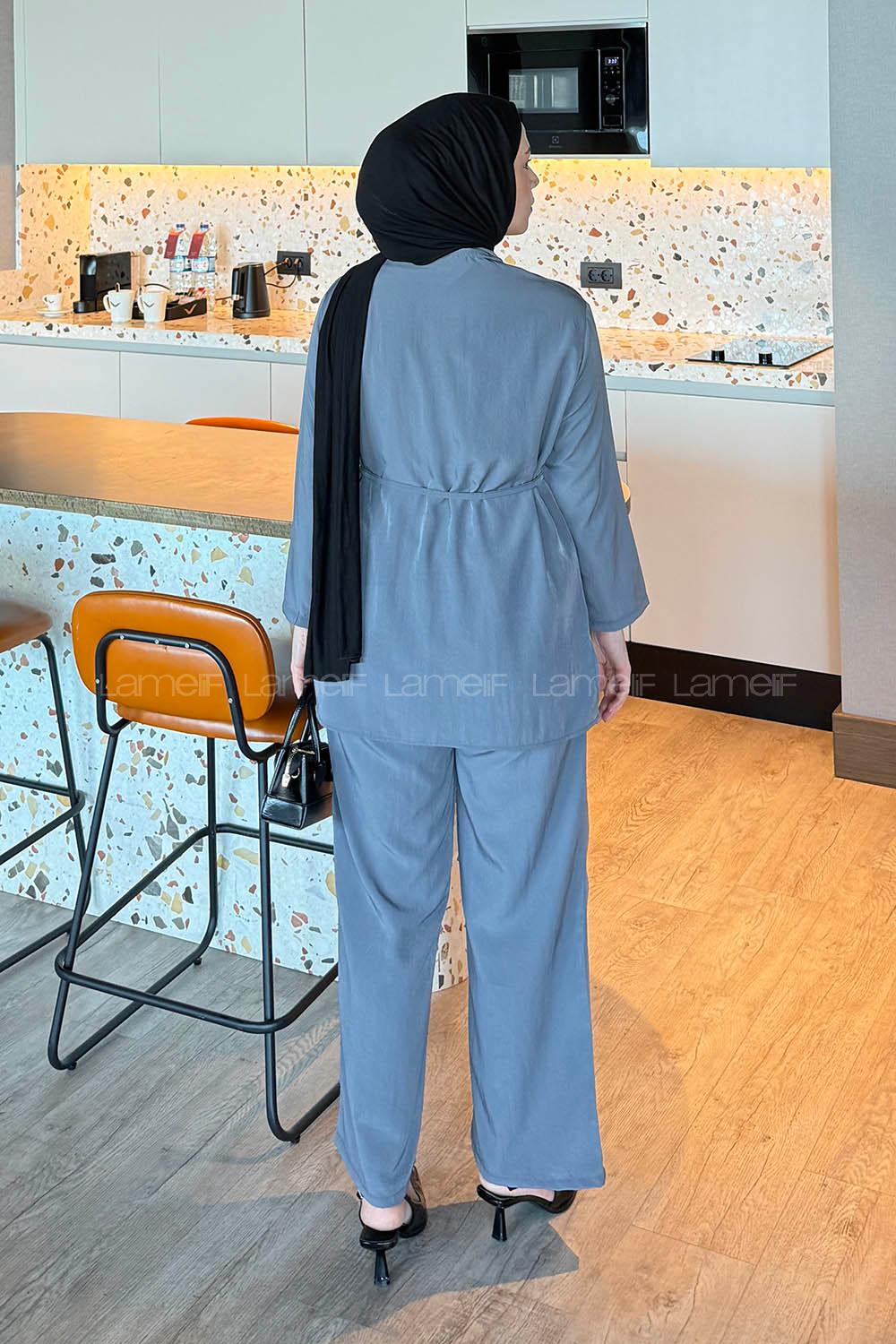 Lamelif Düğme Detaylı Bohem İkili Takım Gri