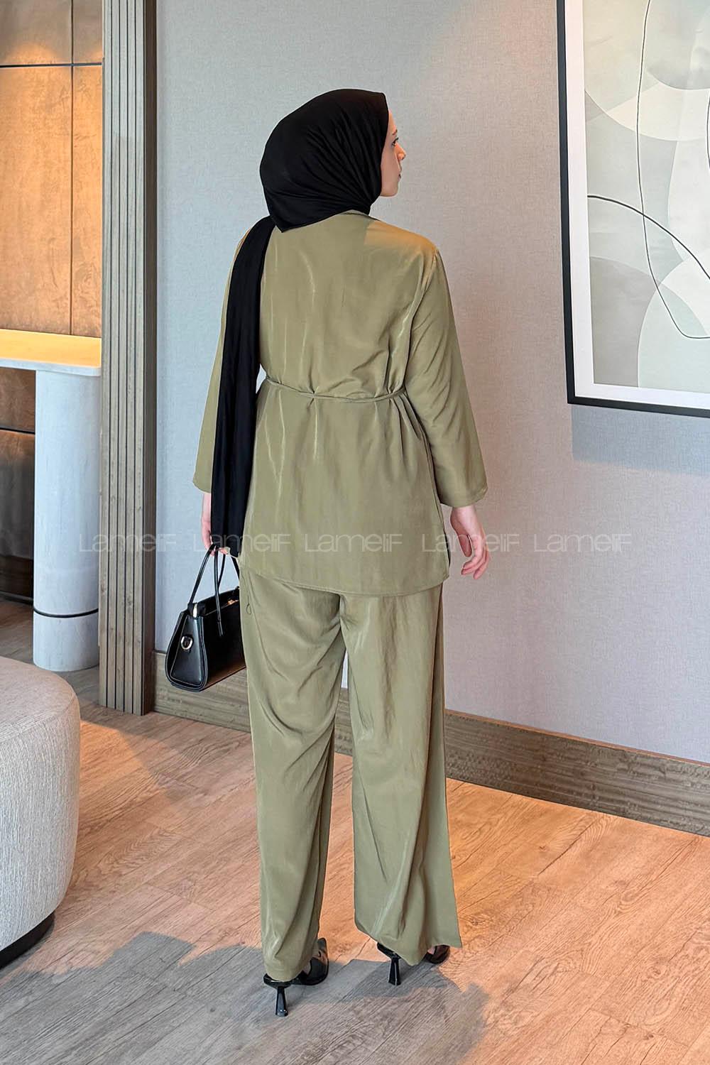 Lamelif Düğme Detaylı Bohem İkili Takım Yağ Yeşili