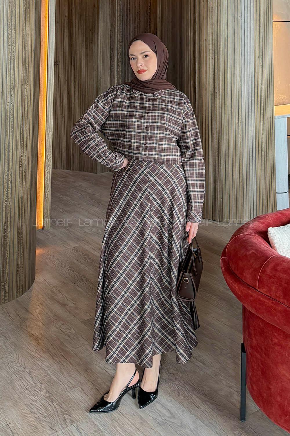 Lamelif Ekose Etekli Takım Acı Kahve