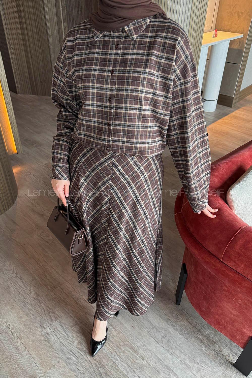 Lamelif Ekose Etekli Takım Acı Kahve