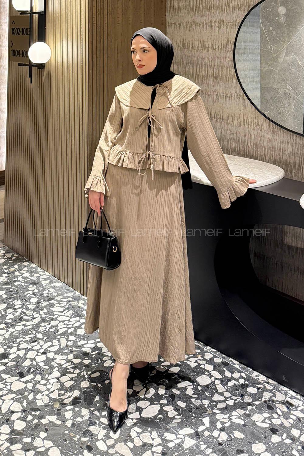 Beige Loose Crew Neck Long Arm Cotton Flare Suit
