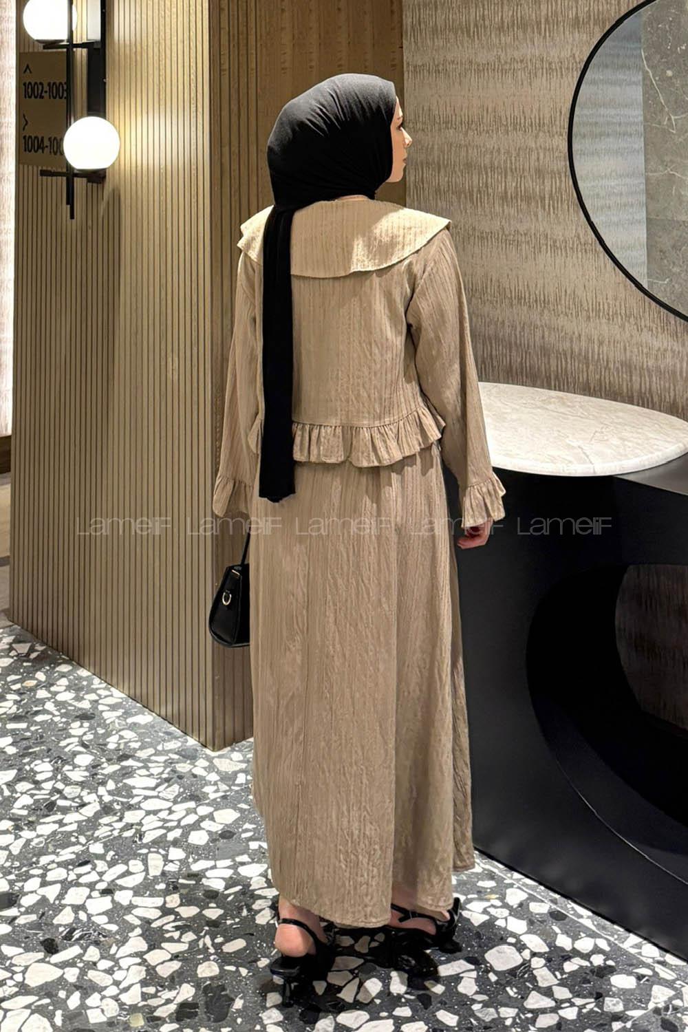 Beige Loose Crew Neck Long Arm Cotton Flare Suit