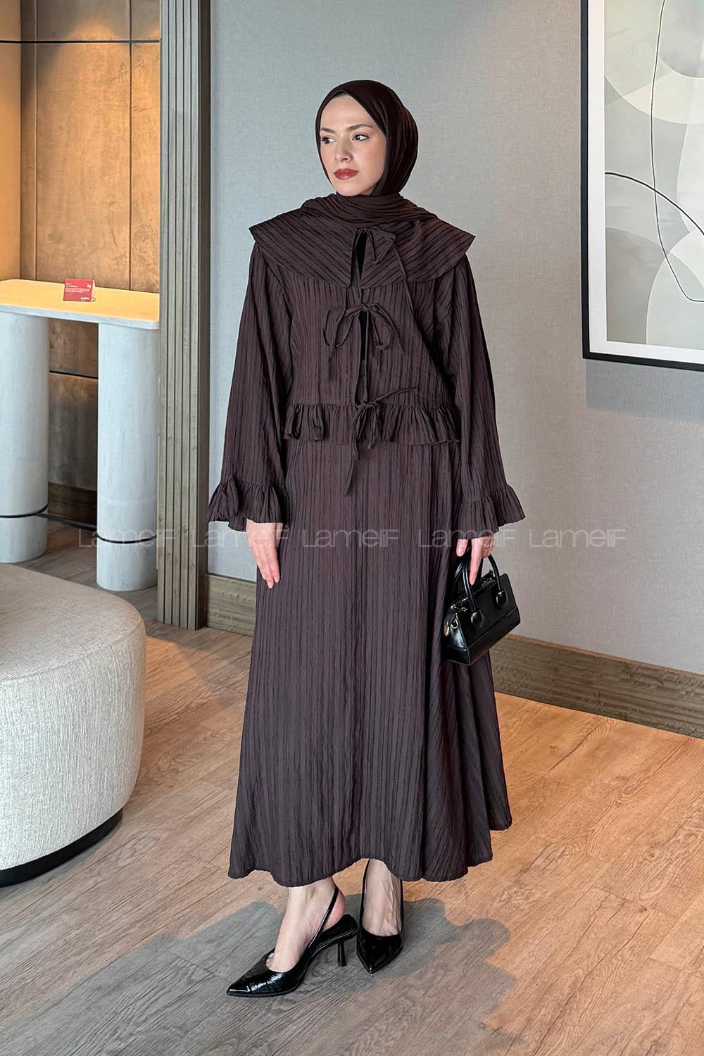 Dark Brown Loose Crew Neck Long Arm Cotton Flare Suit