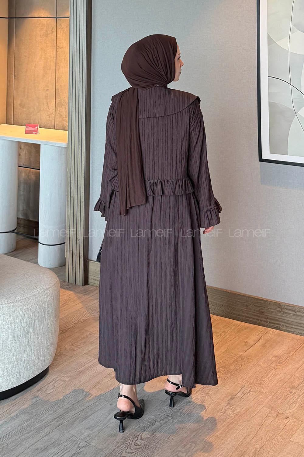Dark Brown Loose Crew Neck Long Arm Cotton Flare Suit