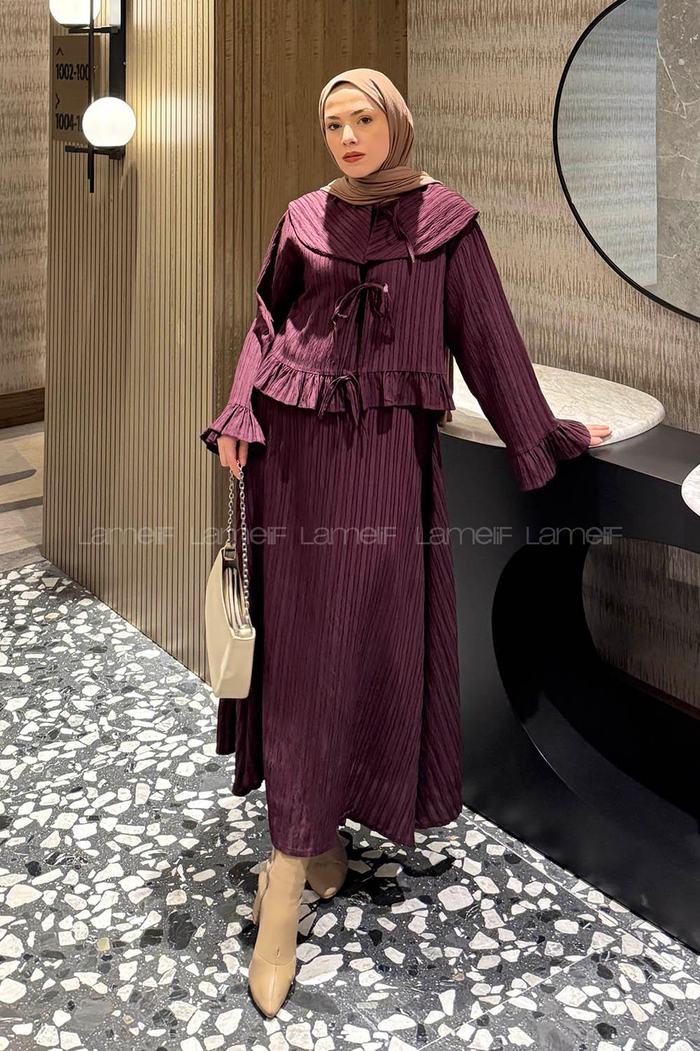 Plum Loose Crew Neck Long Arm Cotton Flare Suit