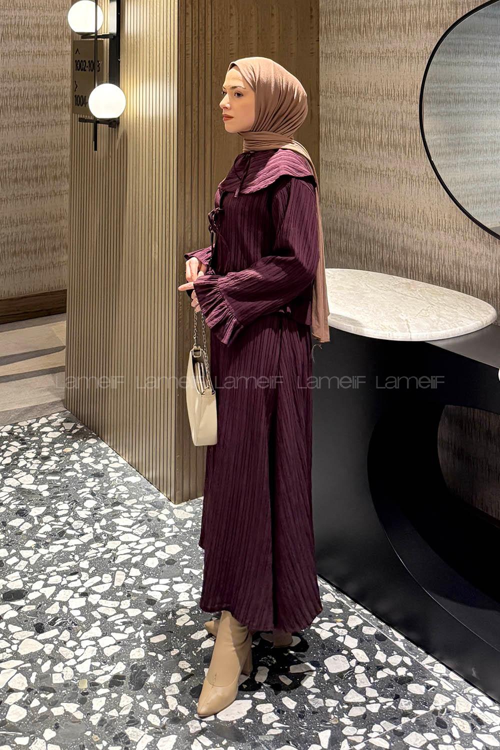 Plum Loose Crew Neck Long Arm Cotton Flare Suit
