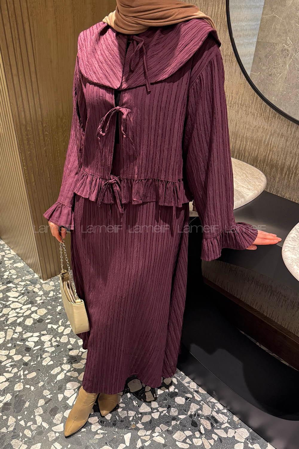 Plum Loose Crew Neck Long Arm Cotton Flare Suit