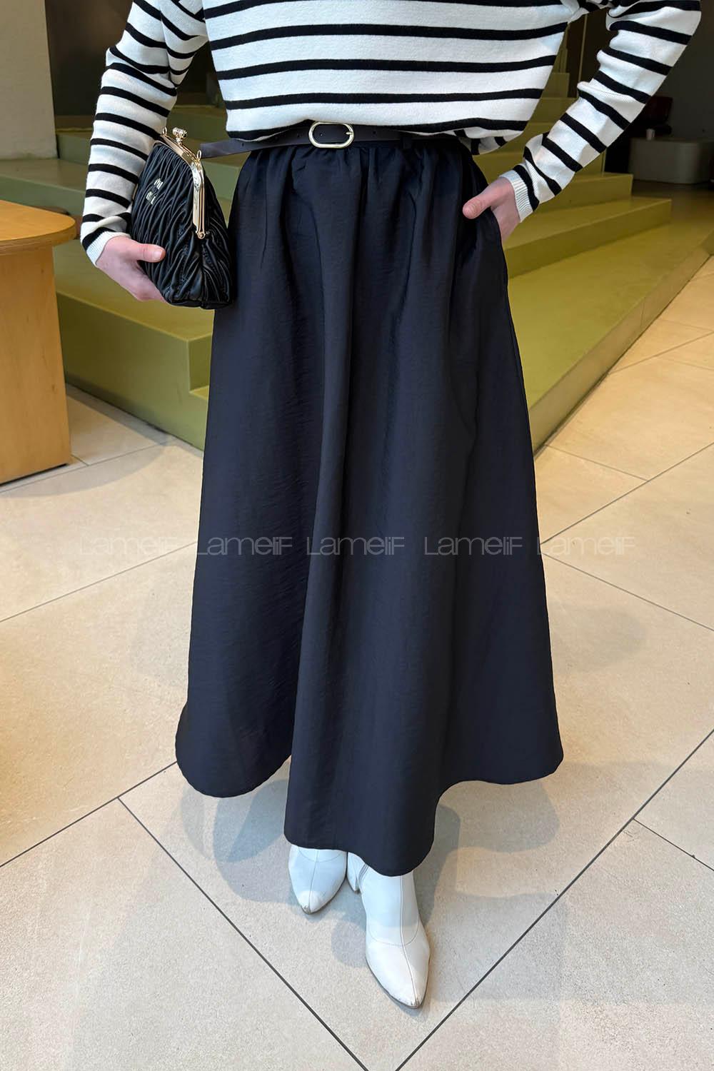 Lamelif Kemerli Kloş Etek Siyah