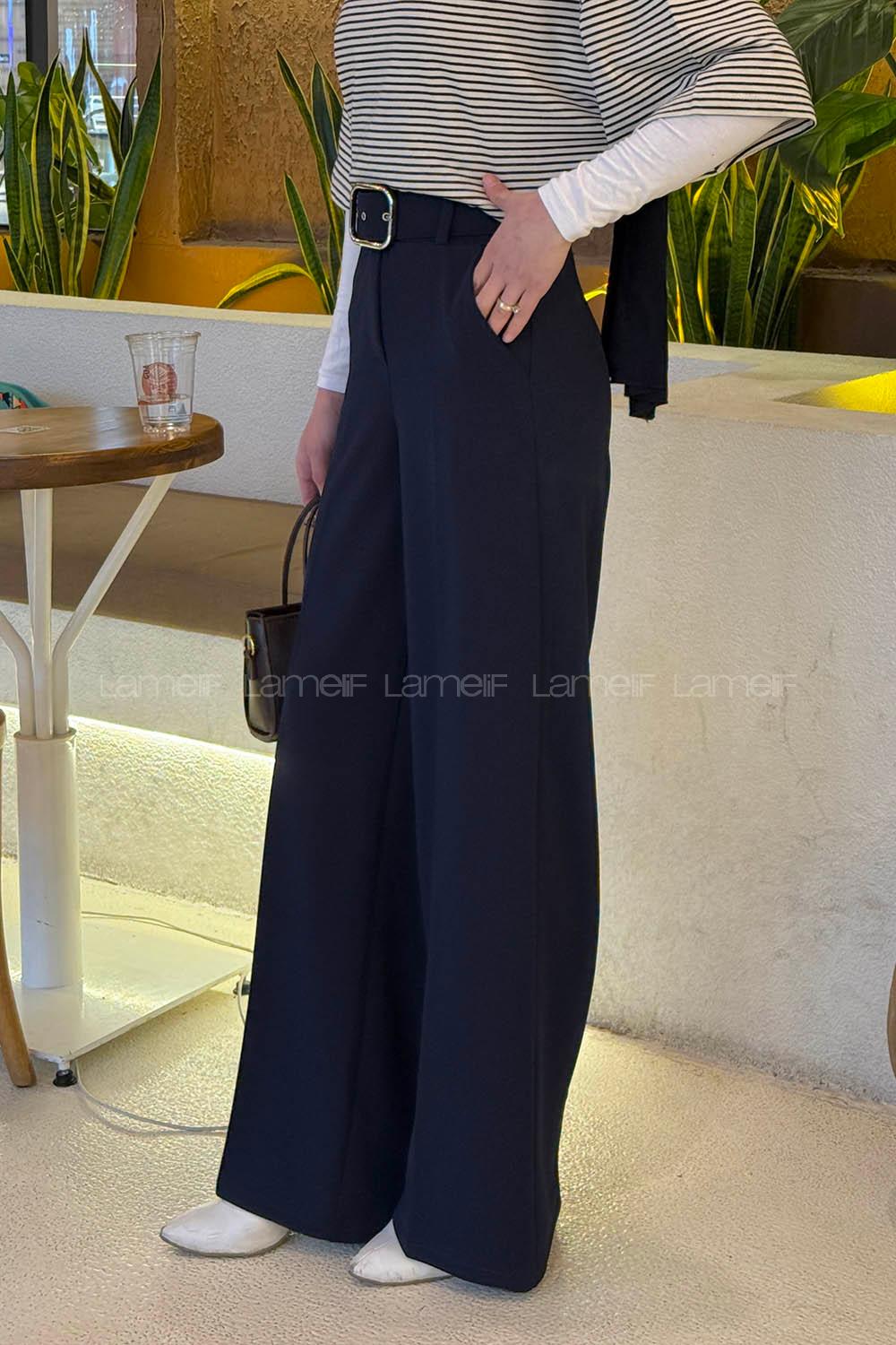 Lamelif Kemerli Palazzo Pantolon Lacivert