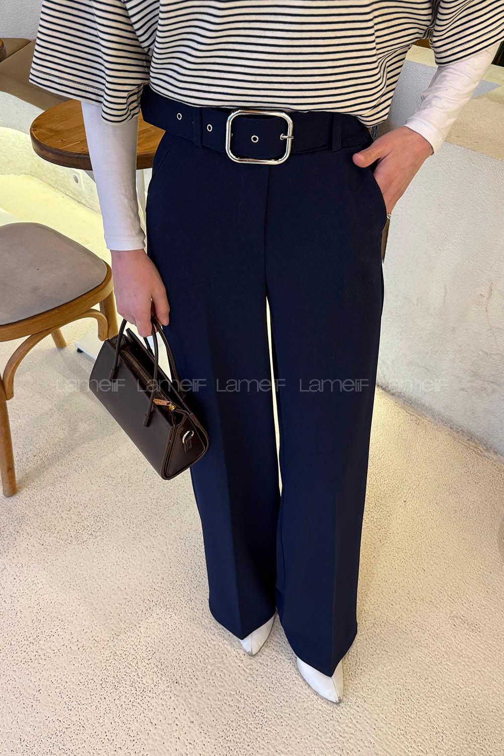 Lamelif Kemerli Palazzo Pantolon Lacivert