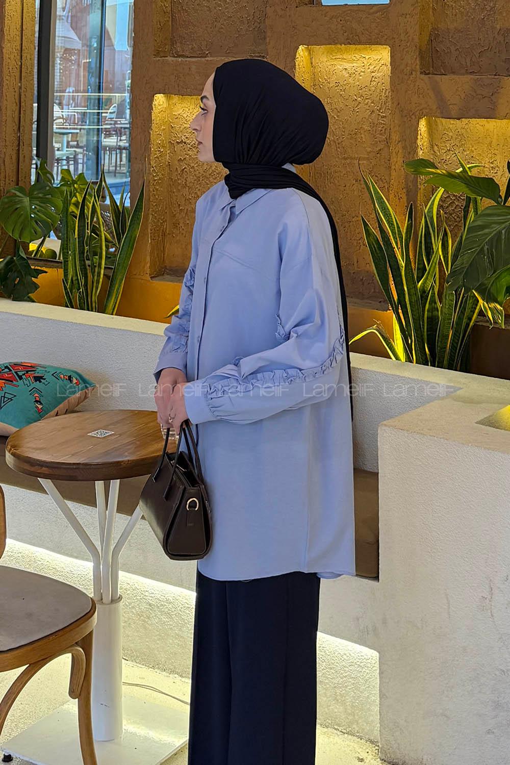 Baby Blue Shirt Collar Long Arm Cotton Polyester Shirt