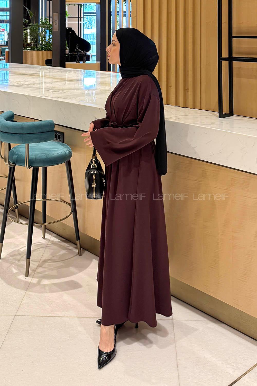 Lamelif Nora Bağcıklı Tesettür Elbise Mürdüm