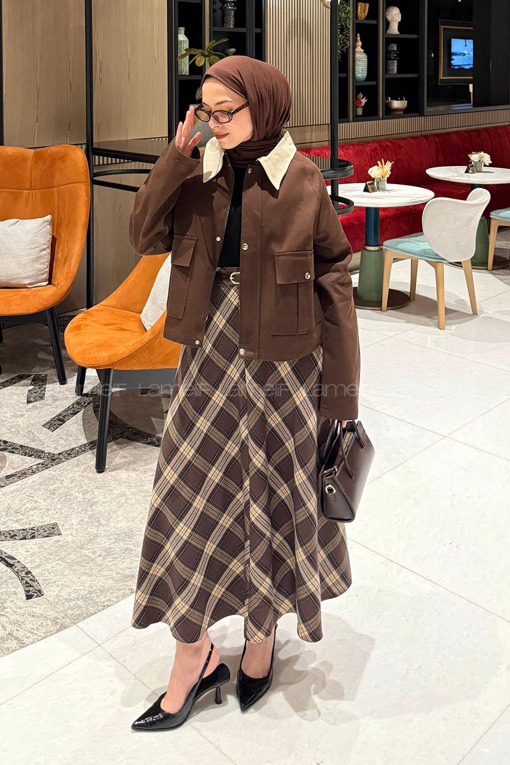 Lamelif Yaka Detaylı Çıtçıtlı Ceket Acı Kahve