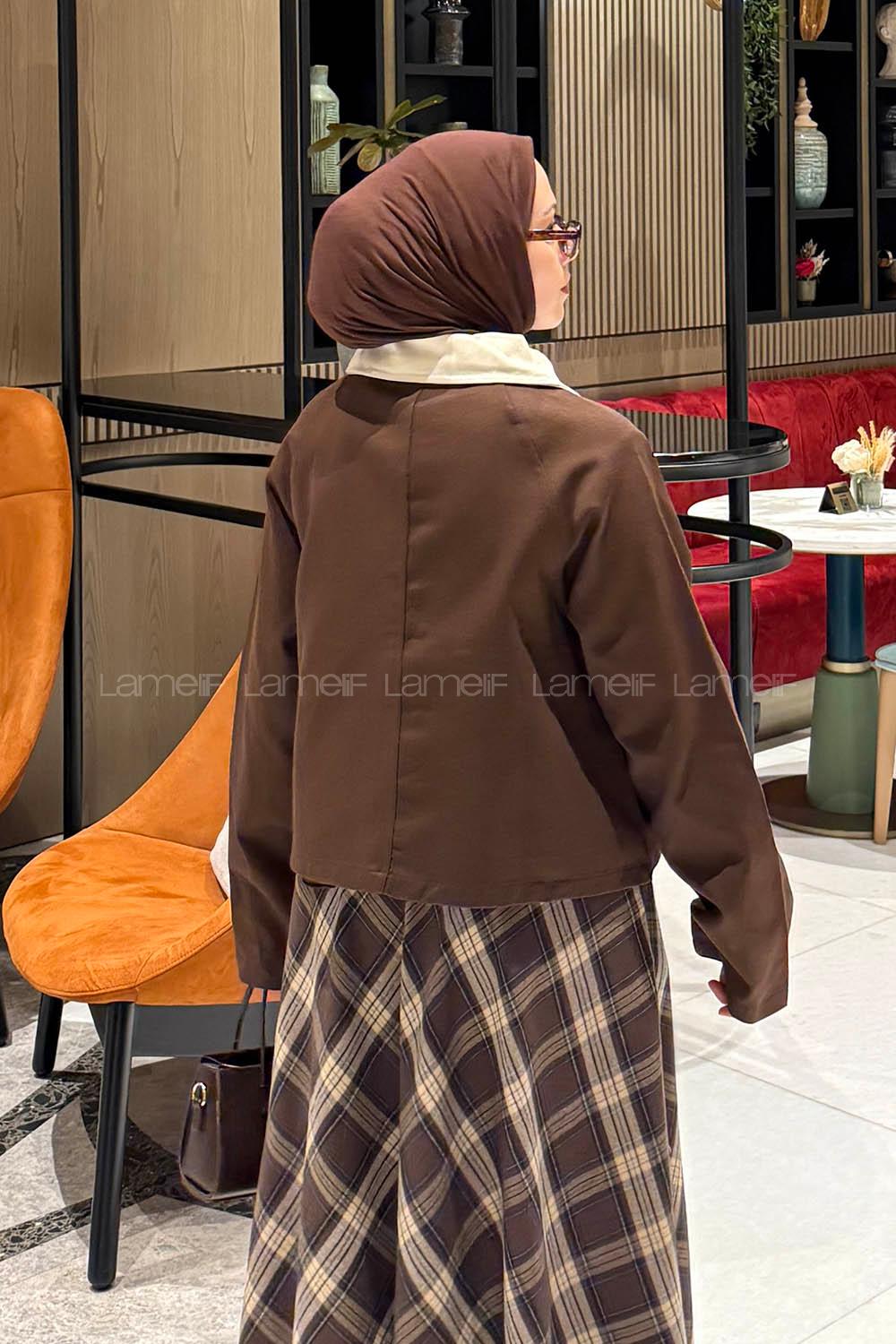 Lamelif Yaka Detaylı Çıtçıtlı Ceket Acı Kahve